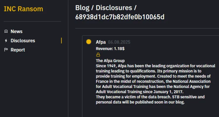INC Ransom Allegedly Breaches French National Agency for Adult Vocational Training Afpa