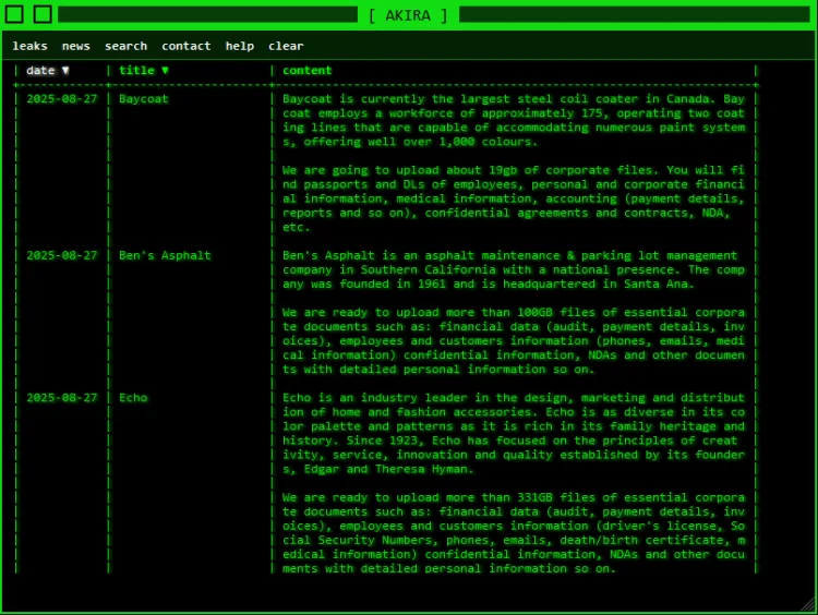 Akira Ransomware Group Allegedly Breaches Baycoat, Ben’s Asphalt, and Echo