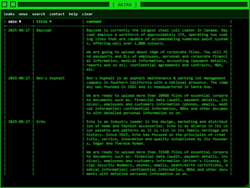 Akira Ransomware Group Allegedly Breaches Baycoat, Ben’s Asphalt, and Echo