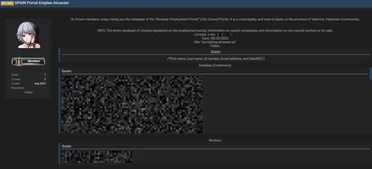 Alcàsser City Council’s Employment Portal Allegedly Breached, Citizen Data for Sale