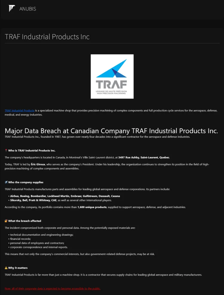 Anubis Ransomware Allegedly Breaches Canadian Aerospace and Defense Contractor TRAF