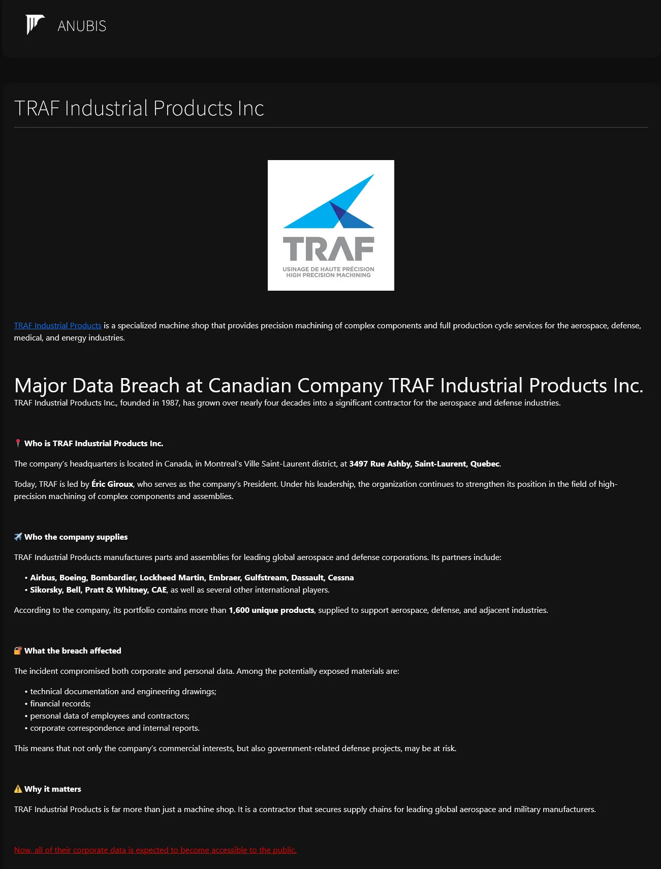 Anubis Ransomware Allegedly Breaches Canadian Aerospace and Defense Contractor TRAF