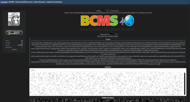 US Payment Processor Banc Certified Merchant Services (BCMS) Allegedly Breached, Database Leaked Online
