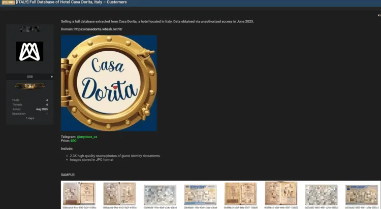 Italian Hotel Casa Dorita Allegedly Suffers Data Breach – Guest IDs Surface on Dark Web