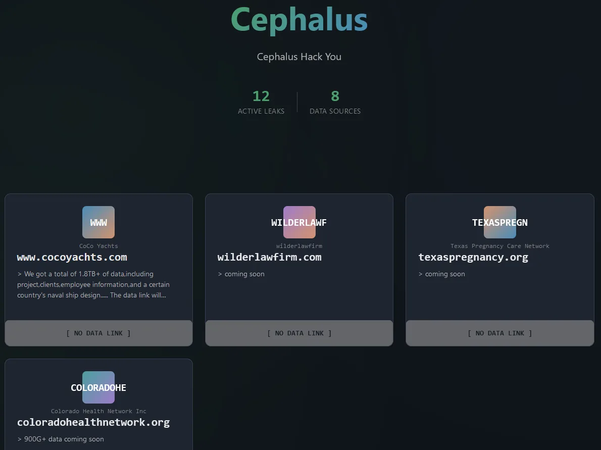 Cephalus Ransomware Allegedly Breaches Coco Yachts, Wilder Law Firm, Texas Pregnancy Care Network, and Colorado Health Network