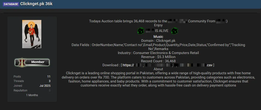 Pakistani E-Commerce Site Clicknget[.]pk Allegedly Breached – Over 36,000 Customer Records Leaked