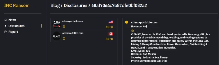 INC Ransom Allegedly Breaches US Industrial Machinery Firm CLIMAX and Canadian Nutrition Company ALLMAX