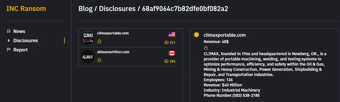 INC Ransom Allegedly Breaches US Industrial Machinery Firm CLIMAX and Canadian Nutrition Company ALLMAX
