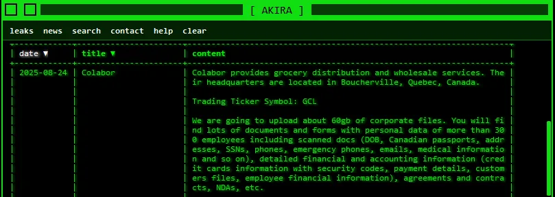 Akira Ransomware Group Allegedly Breaches Canadian Distributor Colabor
