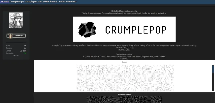 AI Audio Platform CrumplePop Allegedly Breached, 23.5K User Records Leaked