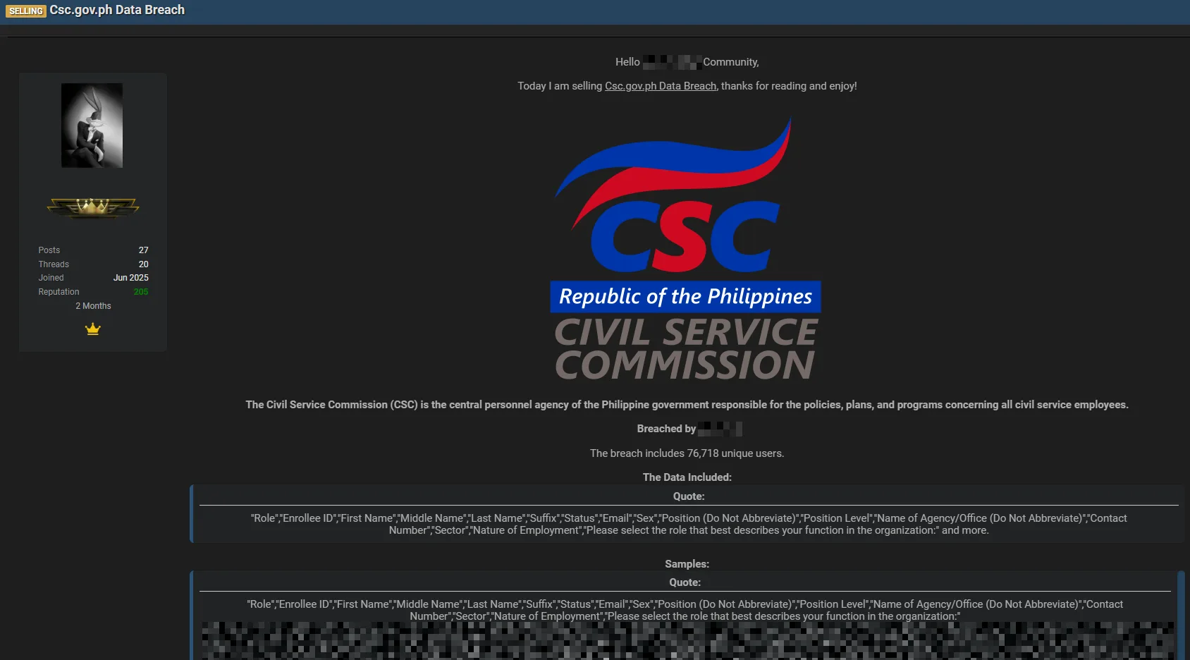 Philippine Civil Service Commission (CSC) Data Allegedly Leaked – Affecting Over 76,000 Government Employees