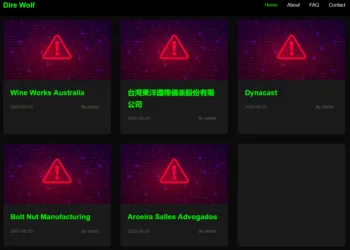 Dire Wolf Ransomware Allegedly Hits Wine Works Australia, Dynacast, Bolt Nut Manufacturing, Aroeira Salles Advogados, and Taiwan Toyo International Instrument Co.