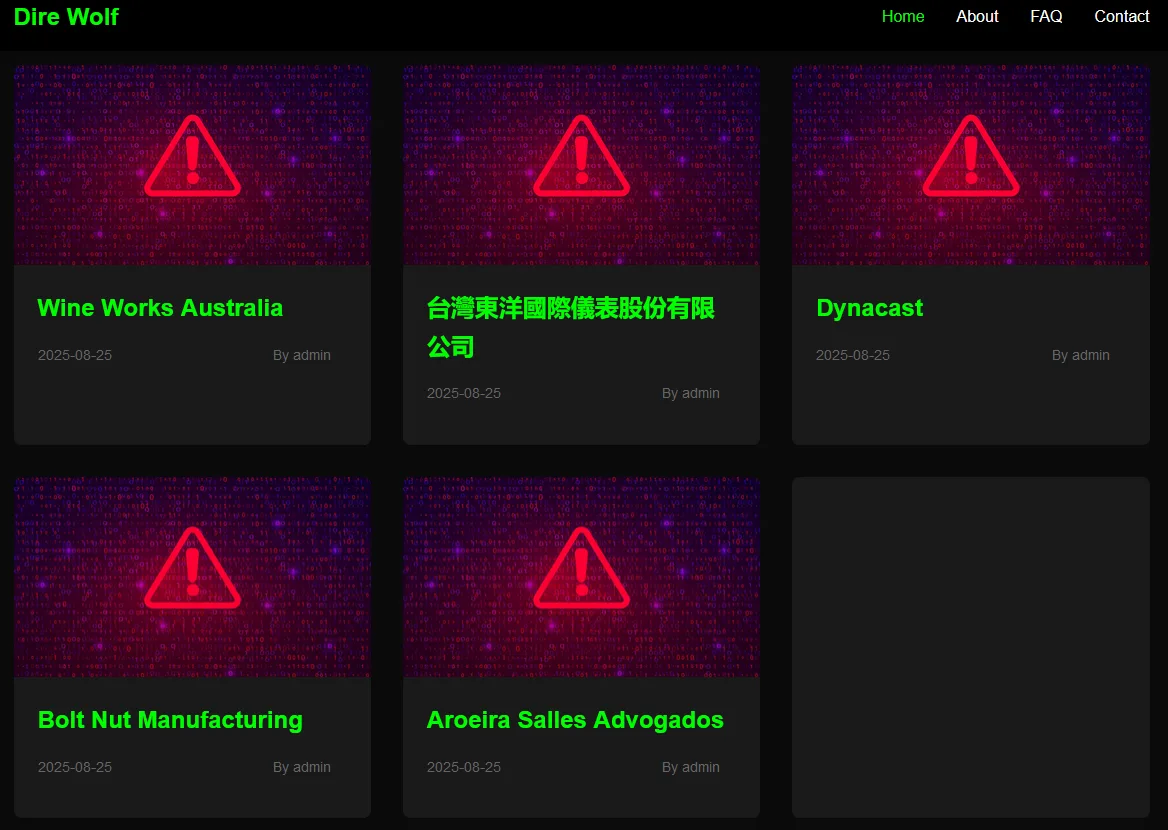 Dire Wolf Ransomware Allegedly Hits Wine Works Australia, Dynacast, Bolt Nut Manufacturing, Aroeira Salles Advogados, and Taiwan Toyo International Instrument Co.