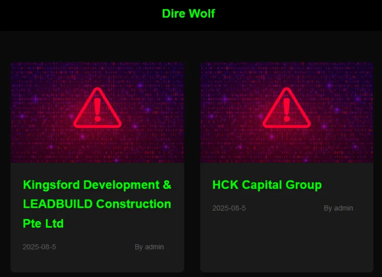 Dire Wolf Ransomware Group Claims Breaches on Kingsford Development & LEADBUILD Construction Pte Ltd and HCK Capital Group
