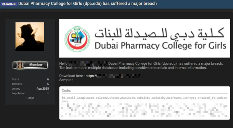 Dubai Pharmacy College for Girls Allegedly Hit by Data Breach