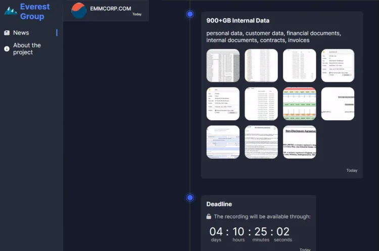 Everest Ransomware Group Allegedly Breaches UK Manufacturer EMM Corp – Exposing Over 900GB of Data