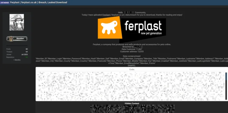 UK Pet Supply Retailer Ferplast Allegedly Breached – Customer Data Leaked