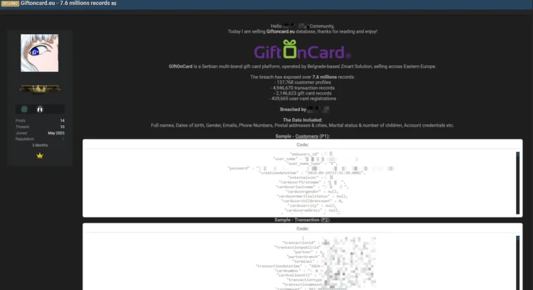 Serbian Gift Card Platform Giftoncard.eu Allegedly Suffers Massive Data Breach – 7.6 Million Records Leaked