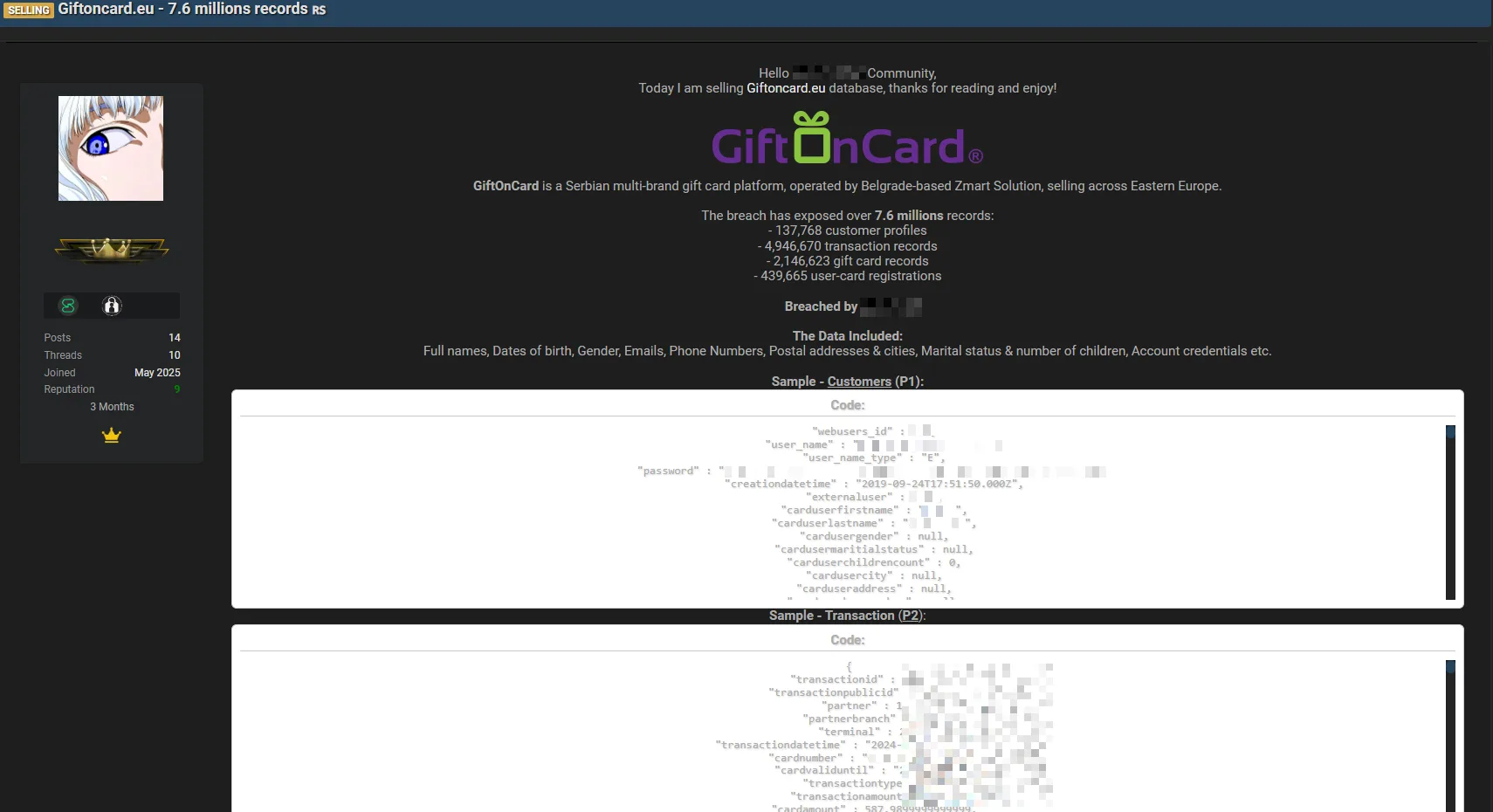 Serbian Gift Card Platform Giftoncard.eu Allegedly Suffers Massive Data Breach – 7.6 Million Records Leaked