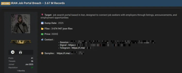 Iranian Job Portal Allegedly Breached – 3.67 Million Records for Sale