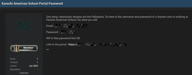 Karachi American School Teacher’s Portal Credentials Leaked Online