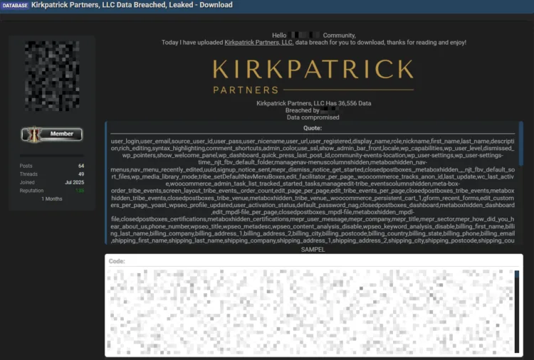 Kirkpatrick Partners LLC Allegedly Suffers Data Breach – Exposing Information of 36,556 Users