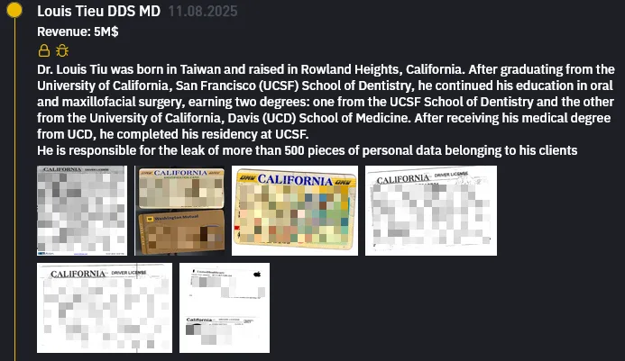 Patient PII and PHI Allegedly Leaked Following Ransomware Attack on California Surgeon Louis Tieu DDS MD
