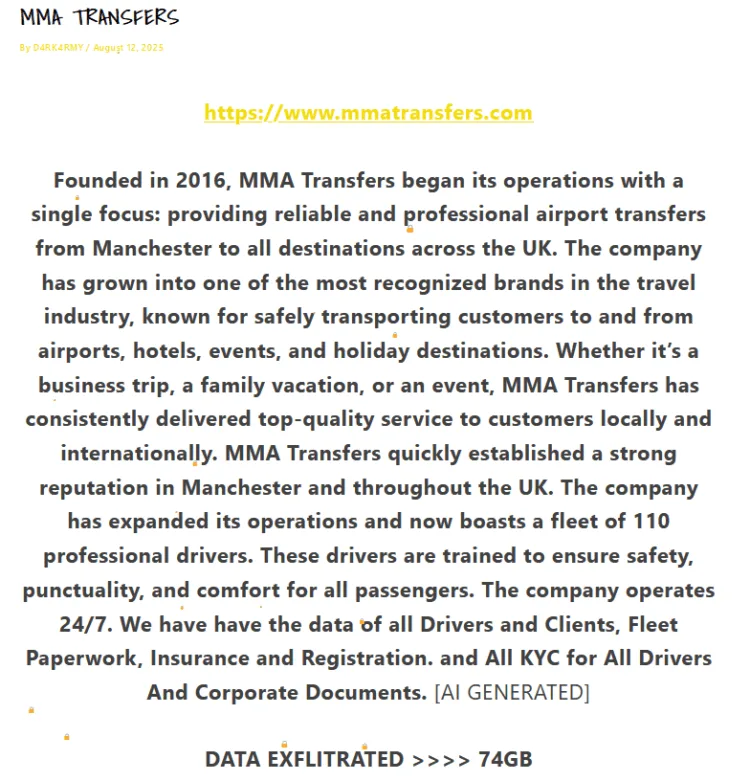 MMA Transfers Allegedly Hit by D4rk4rmy Ransomware Attack – 74GB of Data Leaked