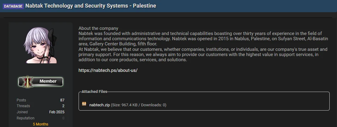 Palestinian IT Firm Nabtak Technology Allegedly Breached – Customer Data Leaked
