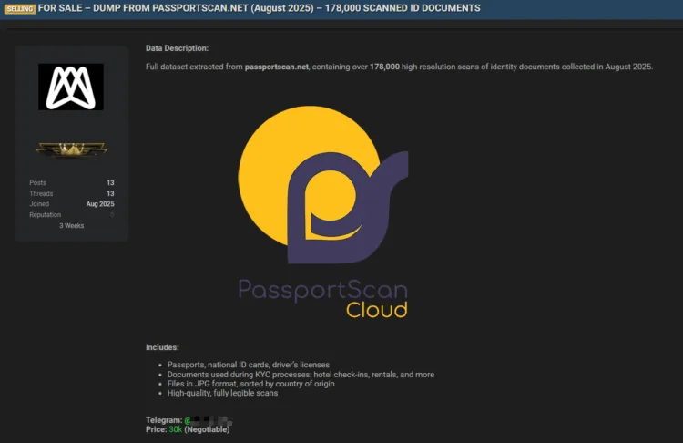 PassportScan Allegedly Breached -178,000 Scanned IDs for Sale on Dark Web