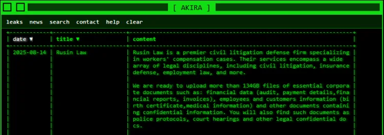 Akira Ransomware Group Allegedly Breaches US Law Firm Rusin Law