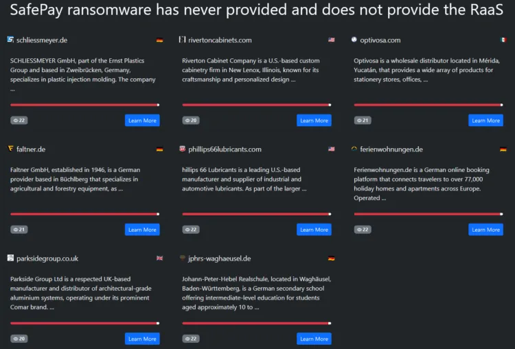 SafePay Ransomware Allegedly Breaches Schliessmeyer, Riverton Cabinets, Optivosa, Faltner, Phillips 66 Lubricants, Ferienwohnungen.de, Parkside Group, and Johann-Peter-Hebel Realschule