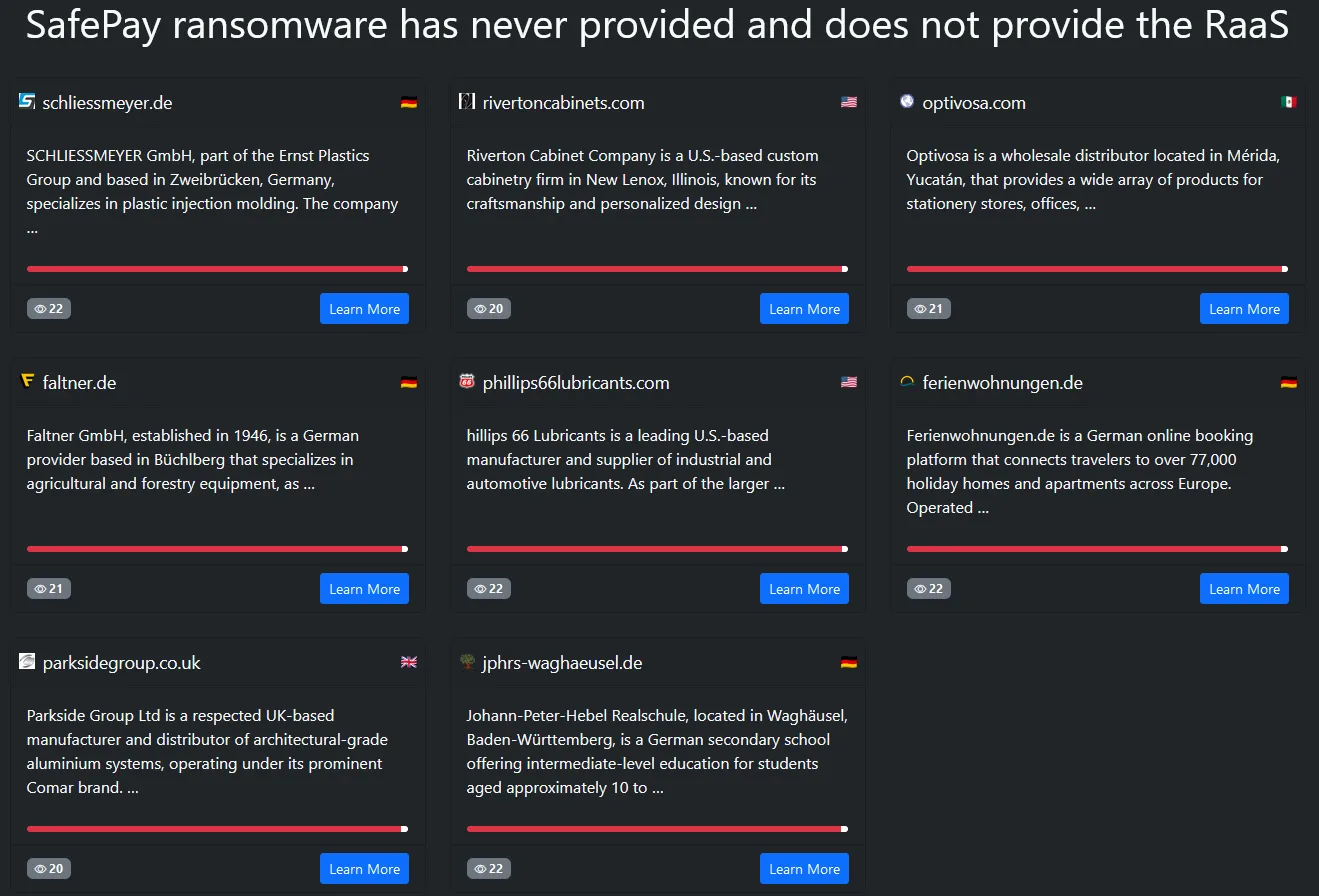 SafePay Ransomware Allegedly Breaches Schliessmeyer, Riverton Cabinets, Optivosa, Faltner, Phillips 66 Lubricants, Ferienwohnungen.de, Parkside Group, and Johann-Peter-Hebel Realschule
