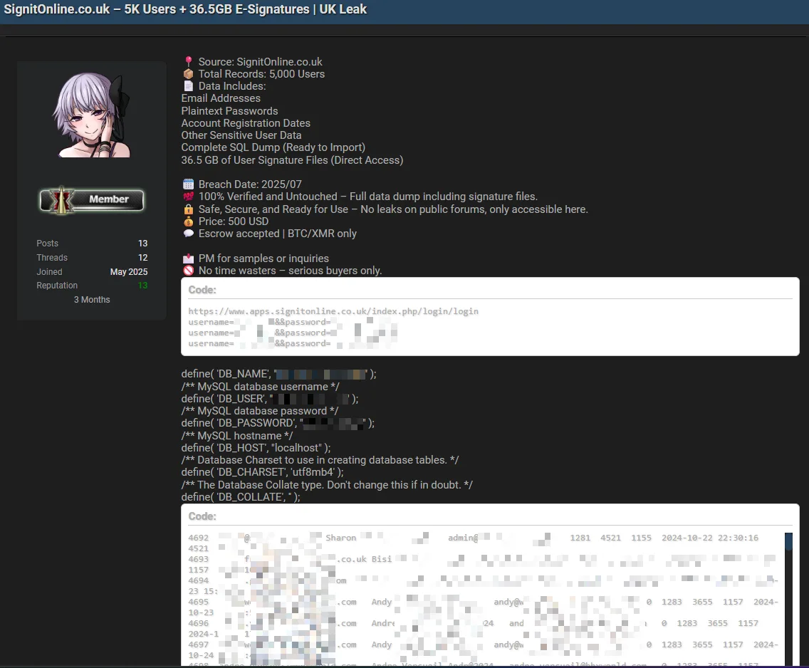 UK E-Signature Firm SignitOnline[.]co[.]uk Allegedly Breached  – 5,000 Users and Signatures Leaked