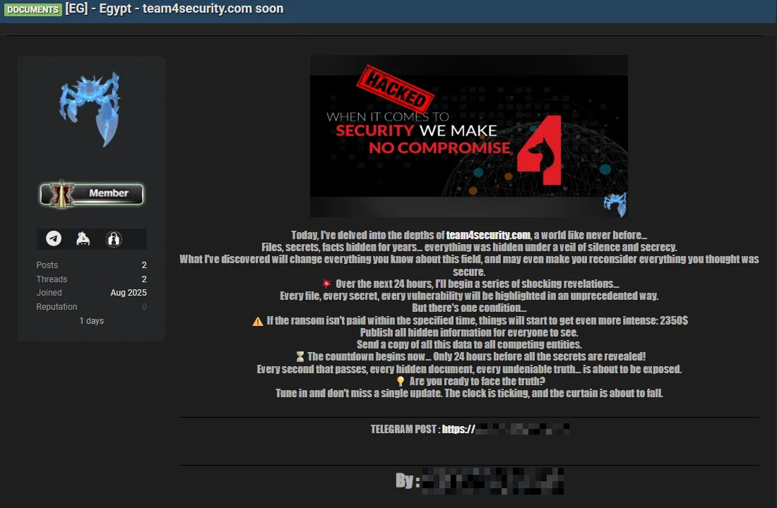 Egyptian Security Firm Team 4 Security Faces Extortion Threat After Alleged Breach