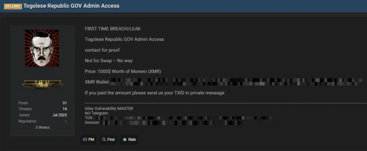Togolese Republic Government Admin Access Allegedly for Sale on Dark Web
