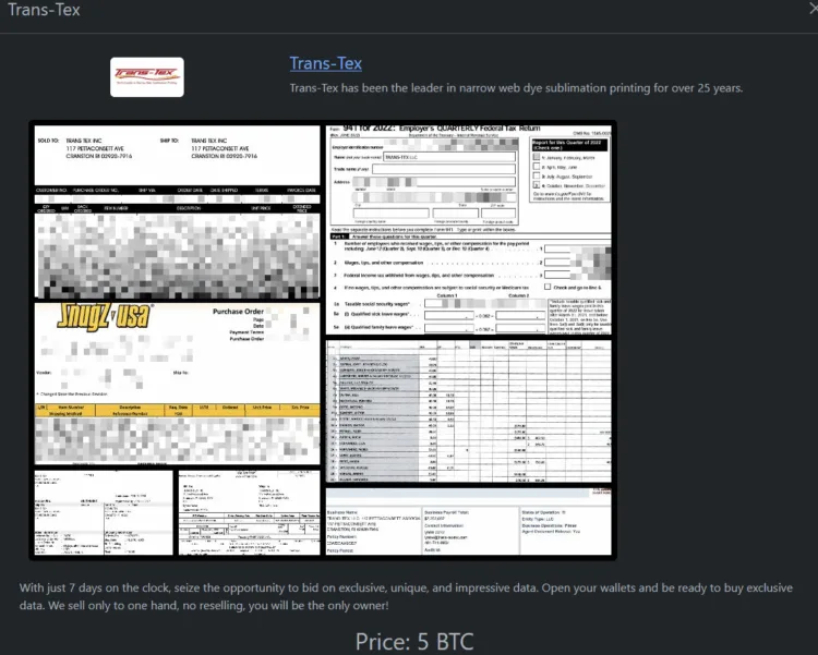 Rhysida Ransomware Allegedly Breaches US Printer Trans-Tex