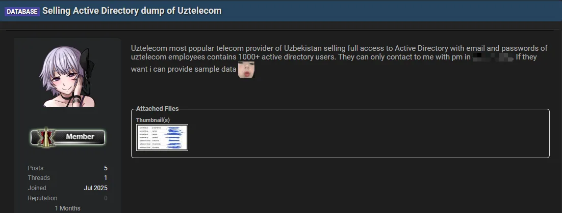 Threat Actor Allegedly Sells Active Directory Access to Uzbekistan’s Uztelecom