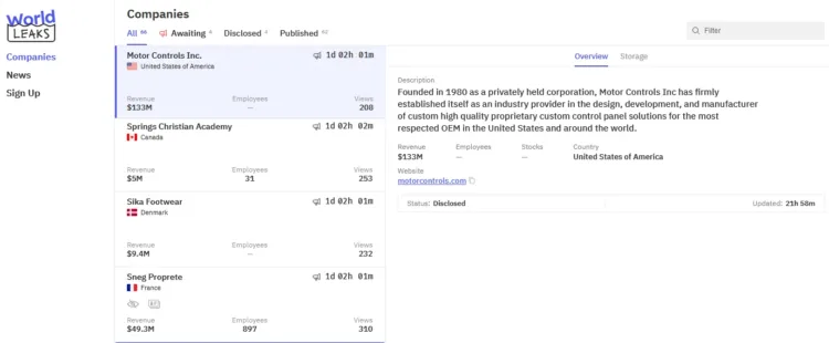 World Leaks Ransomware Allegedly Breaches Motor Controls Inc, Springs Christian Academy, Sika Footwear, and SNEG Propreté