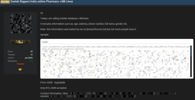 Indian Online Pharmacy Zeelab Allegedly Breached – Data of 4 Million Users for Sale