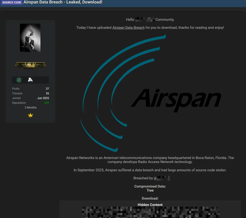 Source Code of American Telecom Firm Airspan Networks Allegedly Leaked Online