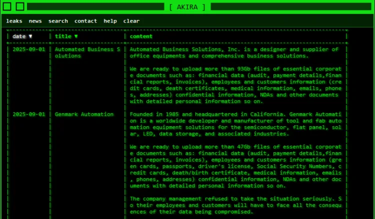Akira Ransomware Group Allegedly Breaches Automated Business Solutions and Genmark Automation