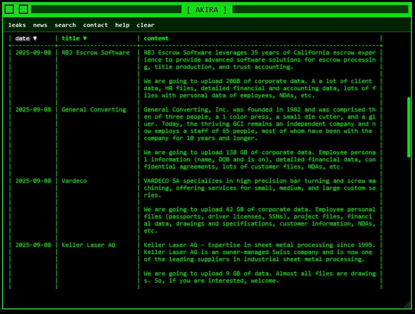 Akira Ransomware Allegedly Breaches RBJ Escrow Software, General Converting, Vardeco, and Keller Laser AG