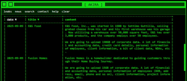 Akira Ransomware Group Claims Breach on US Food Distributor E&S Food and Canadian Homebuilder Fusion Homes