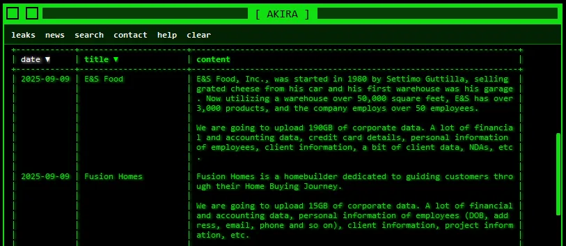 Akira Ransomware Group Claims Breach on US Food Distributor E&S Food and Canadian Homebuilder Fusion Homes