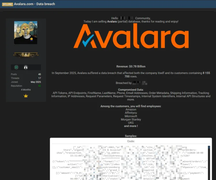 Avalara, Inc. Data Breach Exposes Customer and API Data