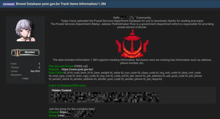 Brunei Postal Services Department Data Breach Exposes 1.5M Records