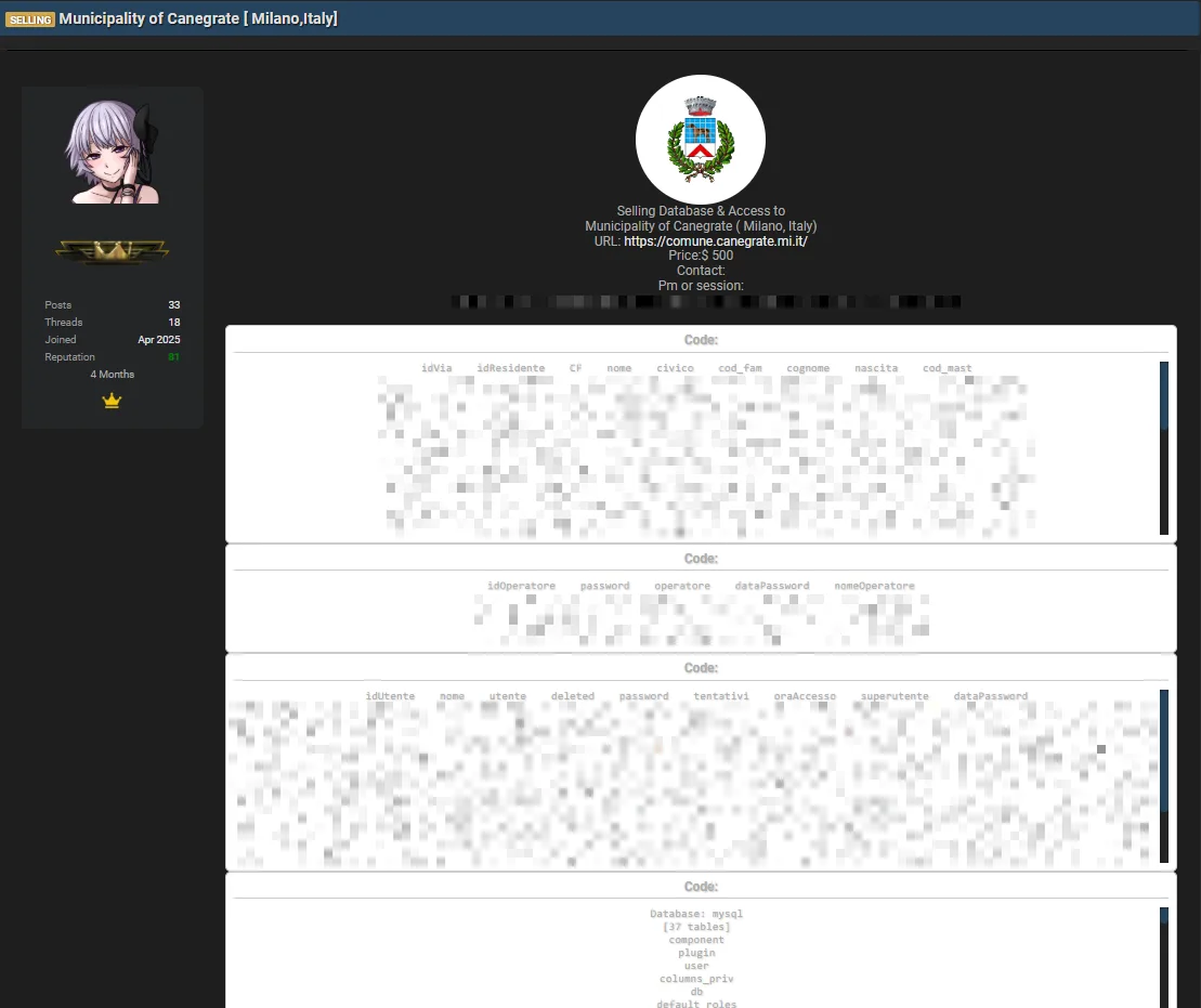 Italian Municipality of Canegrate Targeted in Data Breach – Database Access for Sale