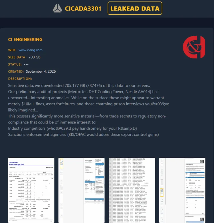 CI Engineering Hit by Cicada3301 Ransomware – 700GB of Sensitive Data Allegedly Leaked