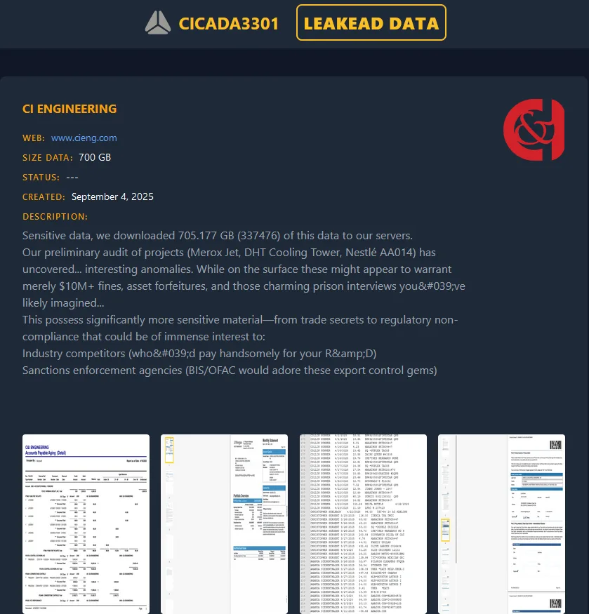 CI Engineering Hit by Cicada3301 Ransomware – 700GB of Sensitive Data Allegedly Leaked